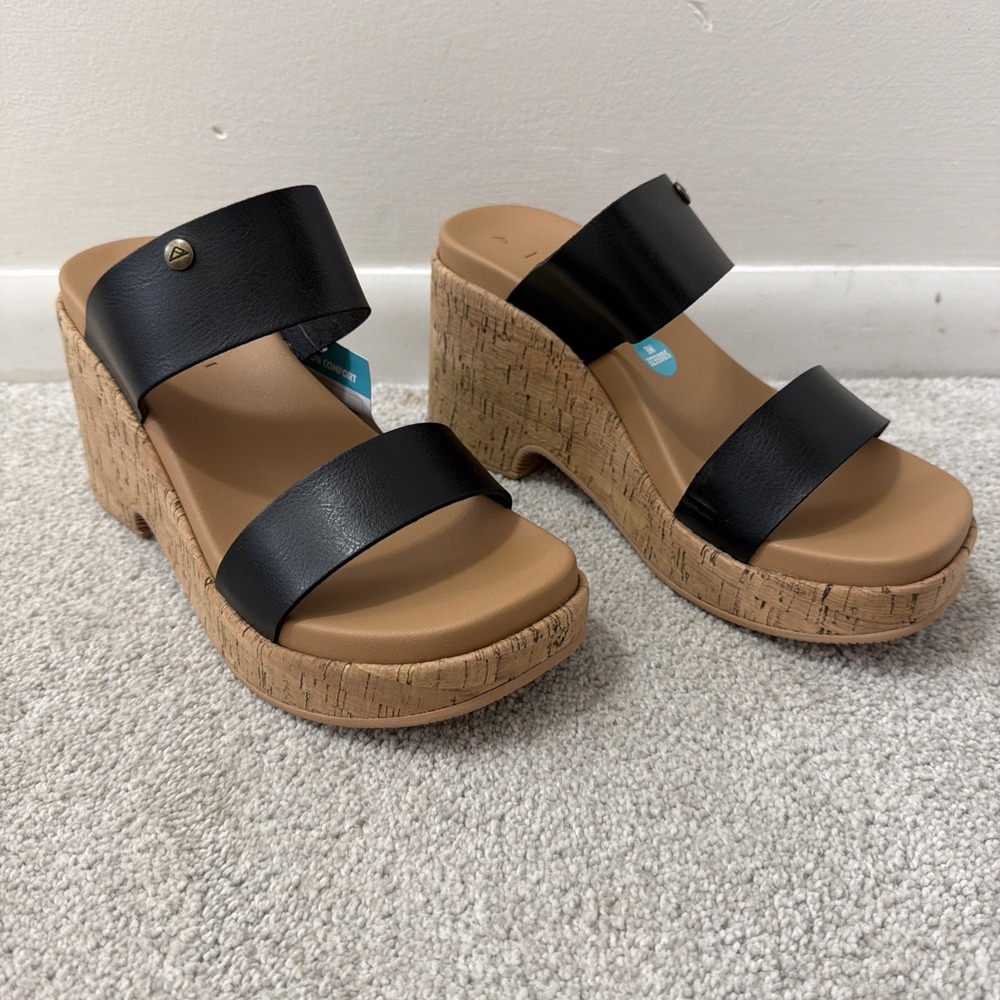 Reef Sunset Ibiza Wedge Sandals Women's Size 9 Black Tan Summer Coastal Straps - Picture 2 of 6